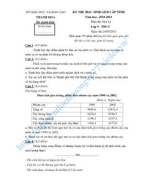 Đề thi chọn học sinh giỏi cấp tỉnh môn Địa lý Lớp 9 - Năm học 2010-2011 - Sở giáo dục và đào tạo Thanh Hóa (Có đáp án)